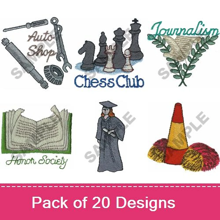 School & Hobby Embroidery Designs Bundle – Graduation Girl, Auto Shop Tools, Chess Pieces & More (20 Designs)