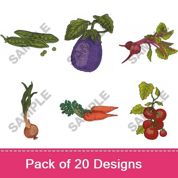 Vegetable Embroidery Bundle – Peas, Eggplant, Radish, Onion, Carrot, Tomato & More (20 Designs)