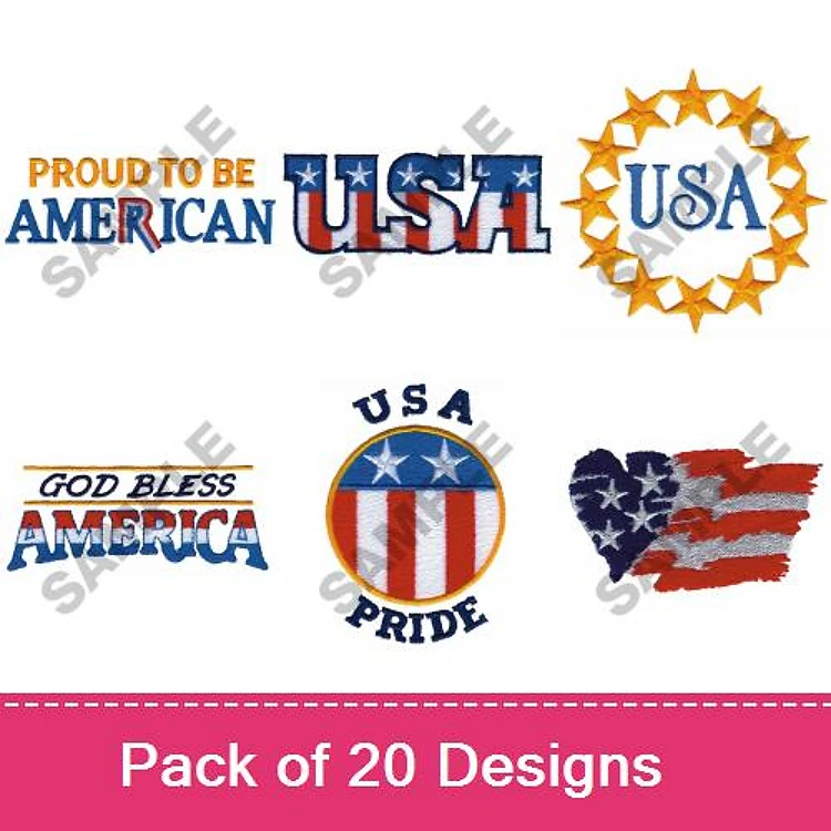 Patriotic USA Themes Embroidery Designs Bundle – Proud to Be American, God Bless America, & USA Star Emblem (20 Designs)