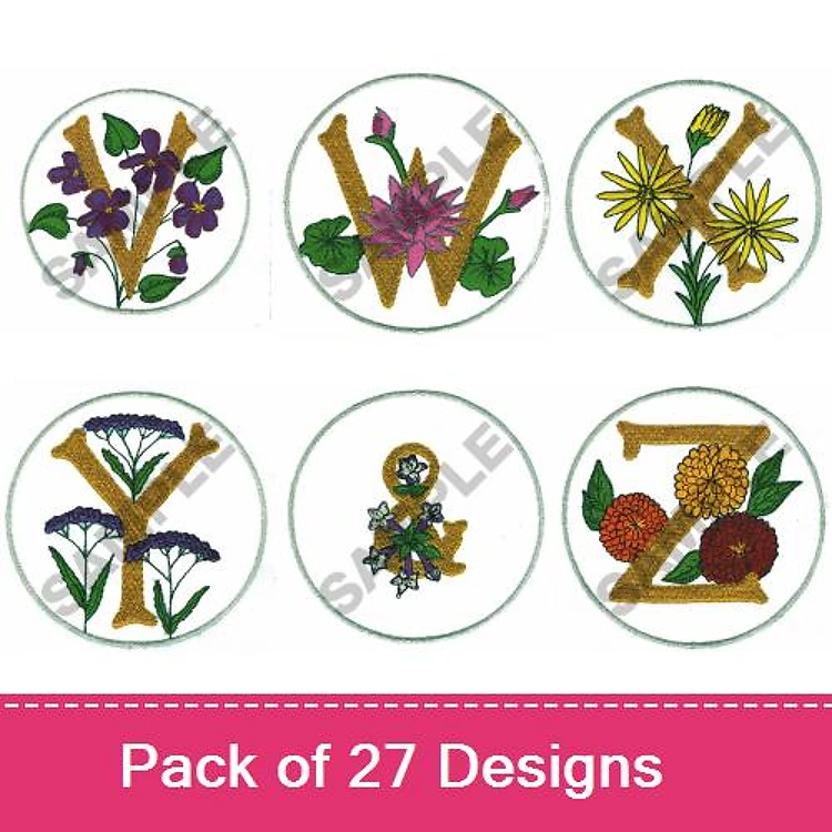Floral Alphabet Letters Embroidery Designs Bundle – V, W, X, Y & Flower Bouquet in Z (27 Designs)