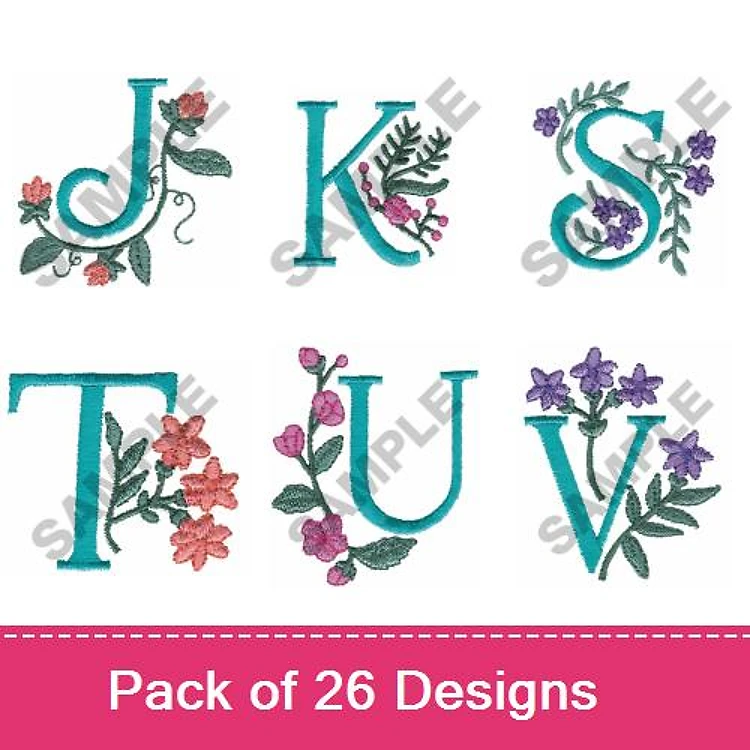 Floral Alphabet Letters Embroidery Designs Bundle – Floral Letter J, K, S, T, U, V & More (26 Designs)
