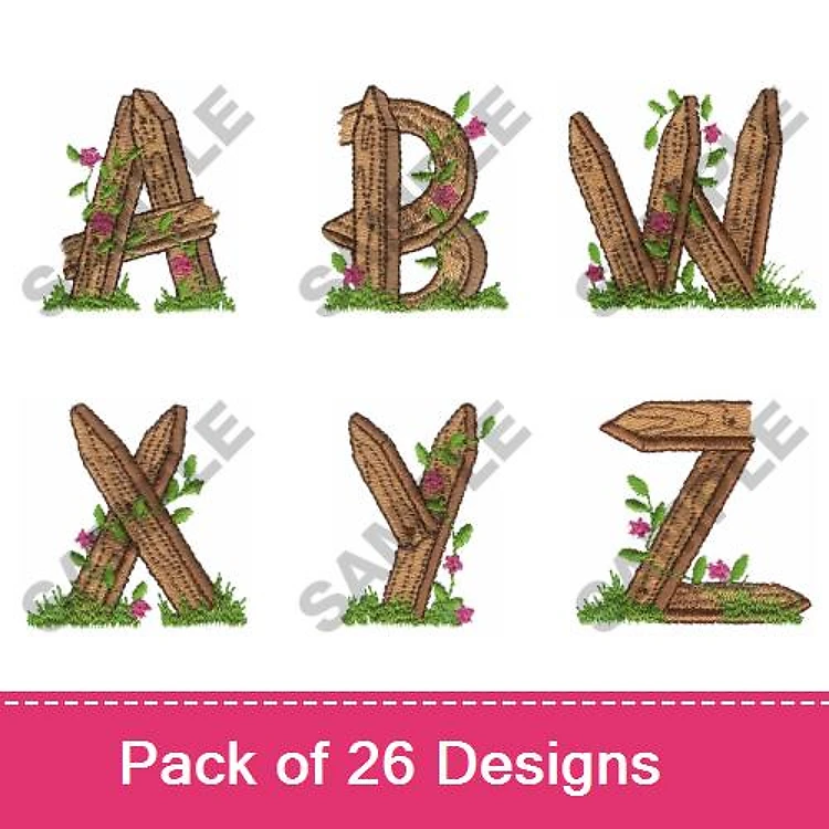 Wooden Alphabet Letters with Floral Accents Embroidery Designs Bundle – Wooden Letter A, B, W, X, Y, Z & More (26 Designs)
