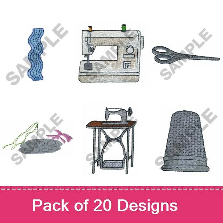 Sewing and Crafting Tools Embroidery Designs Bundle – Sewing Machine, Scissors, Sewing Table & More (20 Designs)