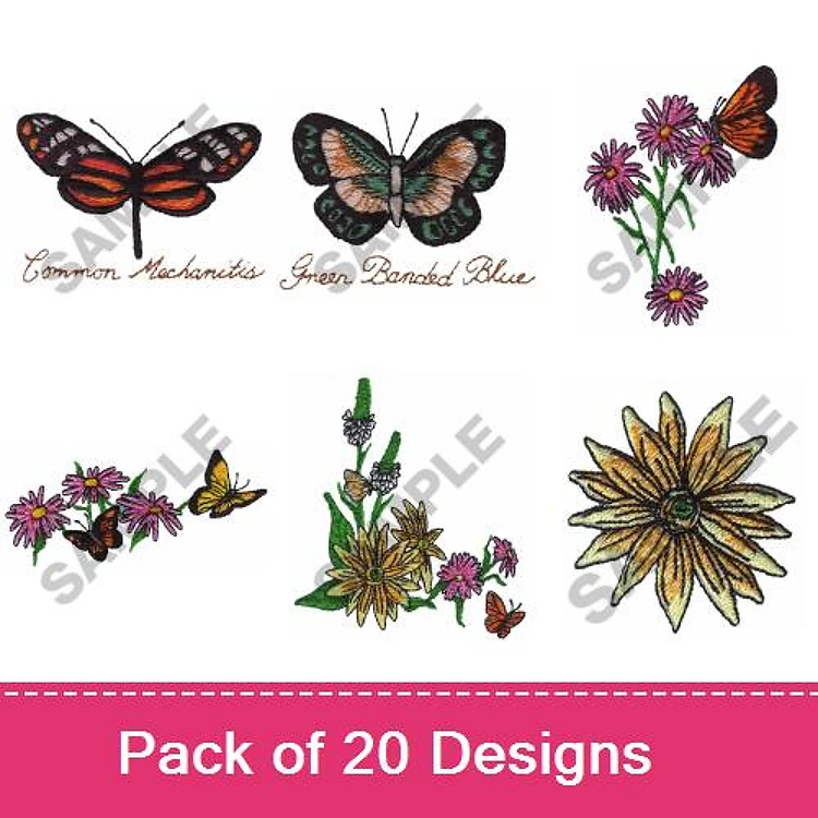 Butterflies & Flowers Embroidery Designs Bundle – Monarch Butterfly, Juno Banded Blue Butterfly, Sunflower & More (20 Designs)
