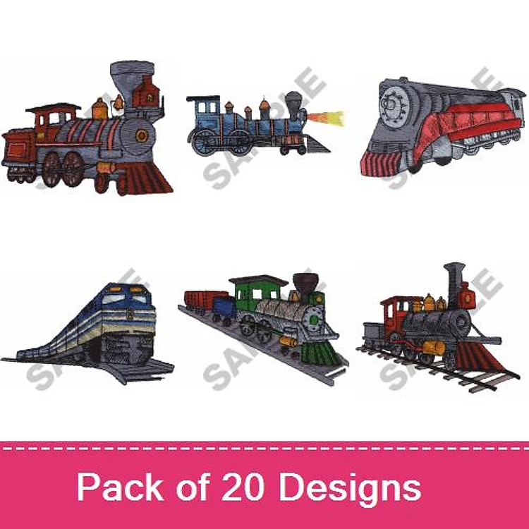 Train Embroidery Designs Bundle – Locomotive with Smoke, Vintage Train, Coal Train & More (20 Designs)