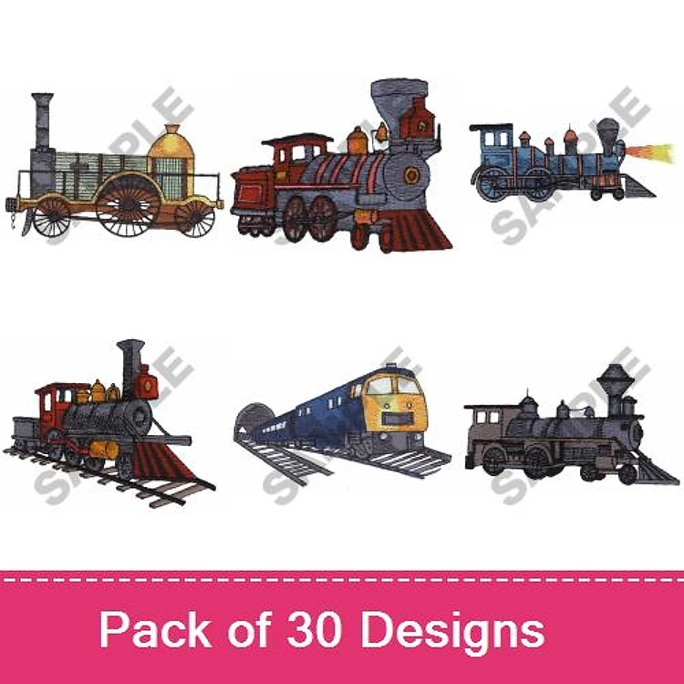 Trains Embroidery Designs Bundle – Steam Engine Locomotive, Old-fashioned Train, Passenger Train & More (30 Designs)