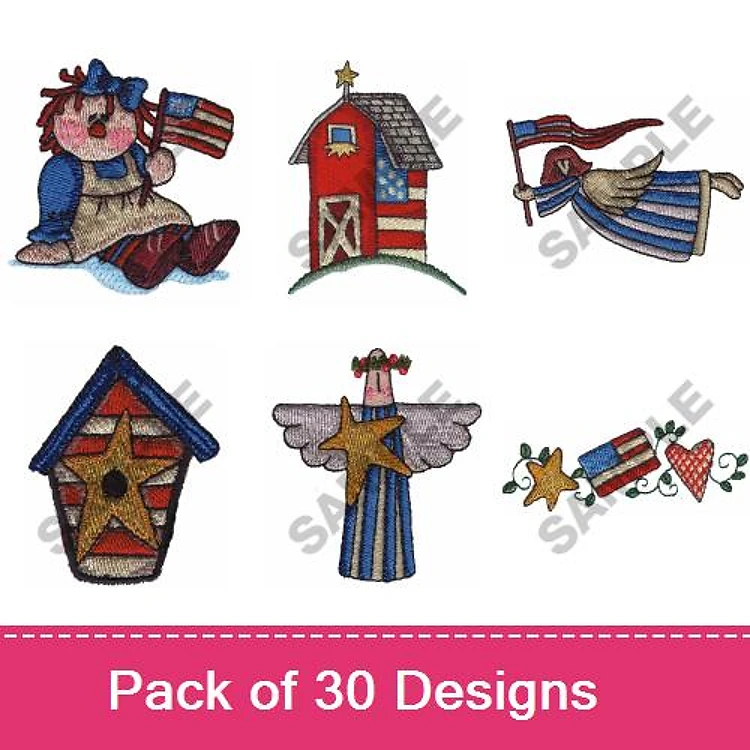 Patriotic Embroidery Designs Bundle – Patriotic Girl, Red Barn with Flag, Flag Waving Angel & More (30 Designs)
