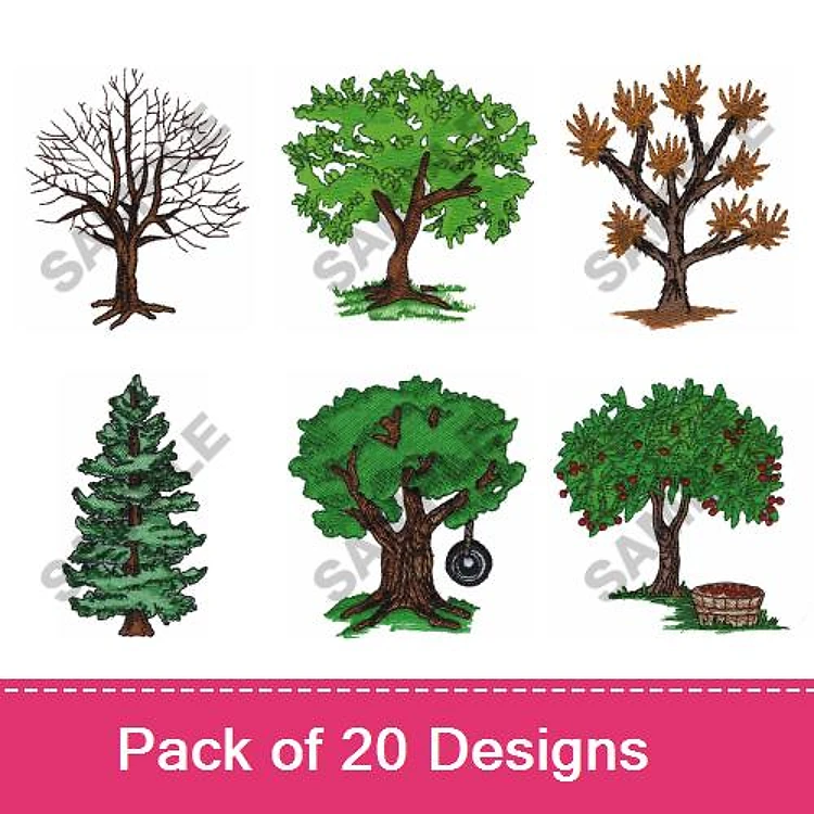 Trees Embroidery Designs Bundle – Bare Tree, Luxuriant Green Tree, Autumn Tree & More (20 Designs)