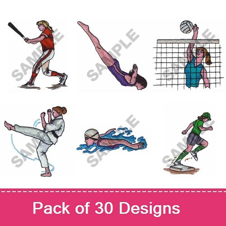 Sports Activities Embroidery Designs Bundle – Baseball Player, Diver, Volleyball Player & More (30 Designs)
