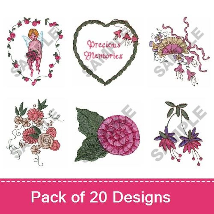 Floral & Sentimental Embroidery Designs Bundle – Flower Girl, Precious Memories Heart, Rose with Leaves & More (20 Designs)