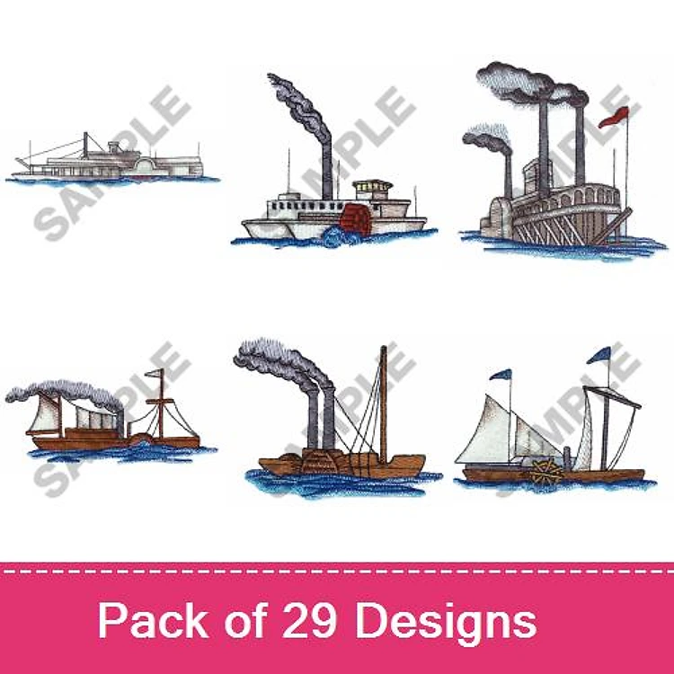 Steam Boats Embroidery Designs Bundle – Steamboat, Vintage Riverboat, Side Paddle Boat & More (29 Designs)