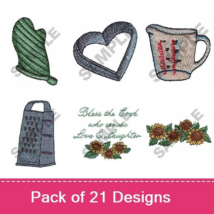 Kitchen-Themed Embroidery Designs Bundle – Oven Mitt, Heart, Measuring Cup, Grater & More (21 Designs)