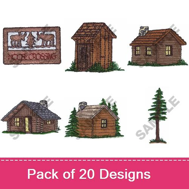 Cabin and Nature Scene Embroidery Designs Bundle – Moose Crossing Sign, Log Cabin, Outhouse & More (20 Designs)