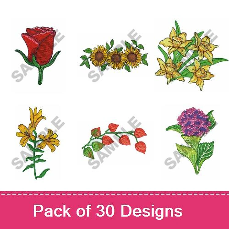 Floral Designs Embroidery Bundle – Red Rose, Sunflower Bouquet, Yellow Lily & More (30 Designs)