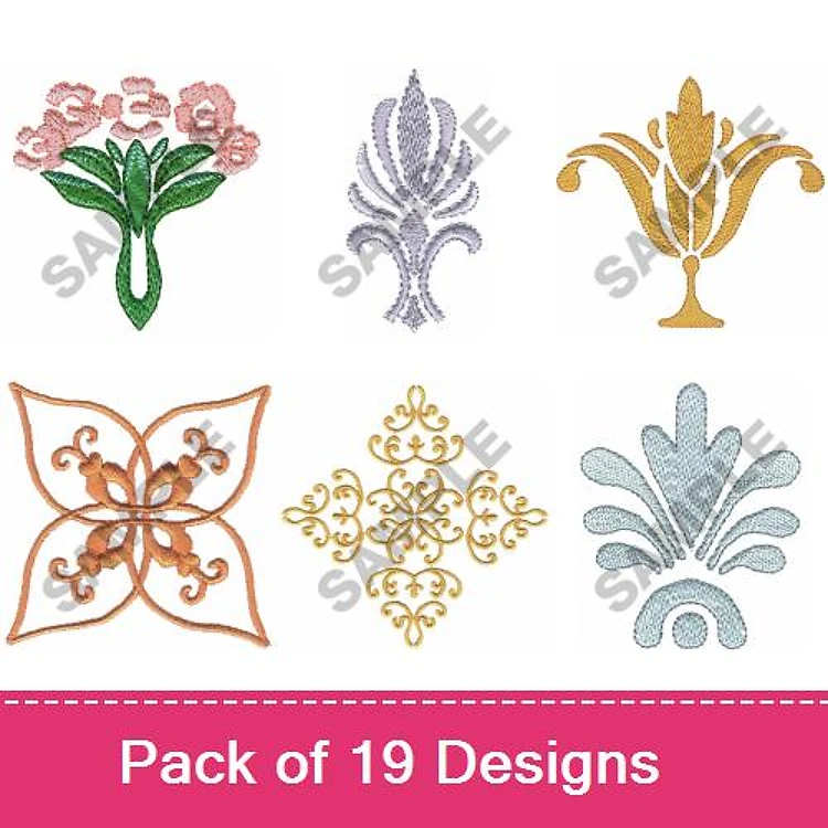 Floral & Ornate Embroidery Designs Bundle – Floral Bouquet, Ornate Motif, Curly Flourish & More (19 Designs)