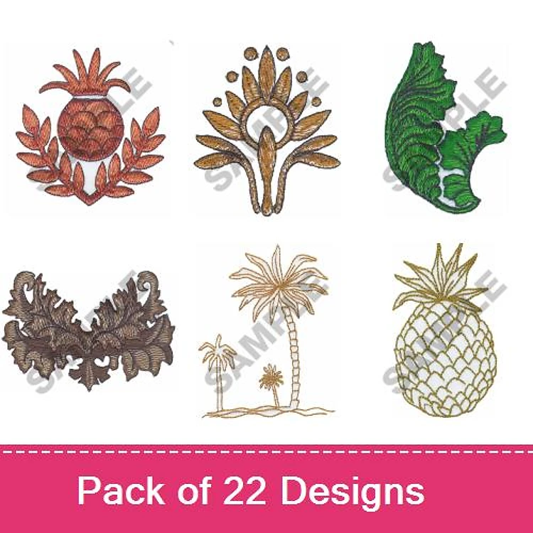 Pineapple & Foliage Embroidery Designs Bundle – Pineapple Ornament, Leaf Design, Floral Accent & More (22 Designs)