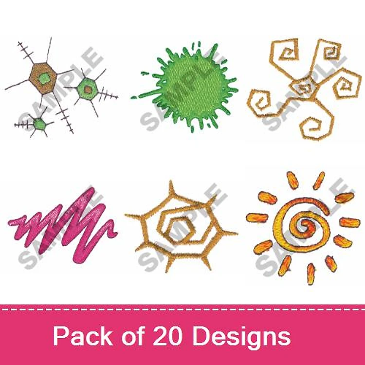 Abstract Shapes Embroidery Designs Bundle – Molecule, Green Splash, Spiral & More (20 Designs)