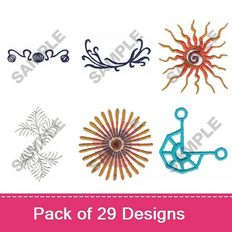 Decorative Motifs Embroidery Designs Bundle – Swirl Motif, Floral Motif, Sunburst & More (29 Designs)