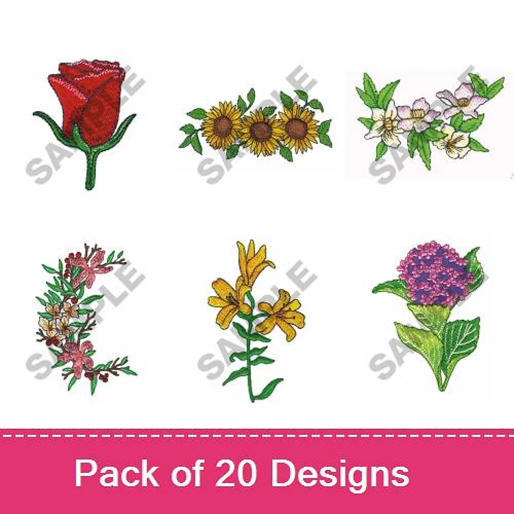 Floral Embroidery Designs Bundle – Red Rose, Sunflower Bouquet, Orchid Sprig & More (20 Designs)