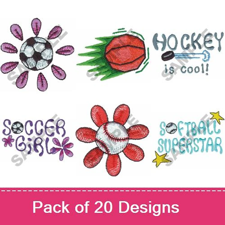 Sports-Themed Designs for Girls Embroidery Designs Bundle – Soccer Girl, Softball Superstar, Baseball Flower & More (20 Designs)