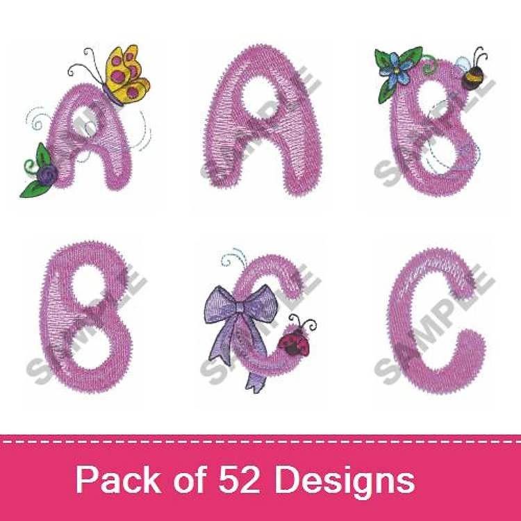 Rippled Decorative Letters Embroidery Bundle – A with Butterfly, B with Bow, C with Flowers & More (52 Designs)
