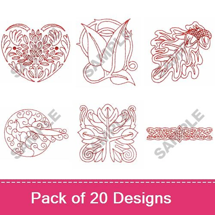 Redwork Floral & Ornamental Embroidery Designs Bundle – Ornamental Heart, Leaf Design, Floral Motif & More (20 Designs)