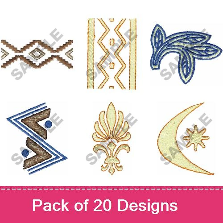 Geometric Patterns Embroidery Designs Bundle – Borders, Leaf Design, Zigzag, Fleur-de-lis & More (20 Designs)