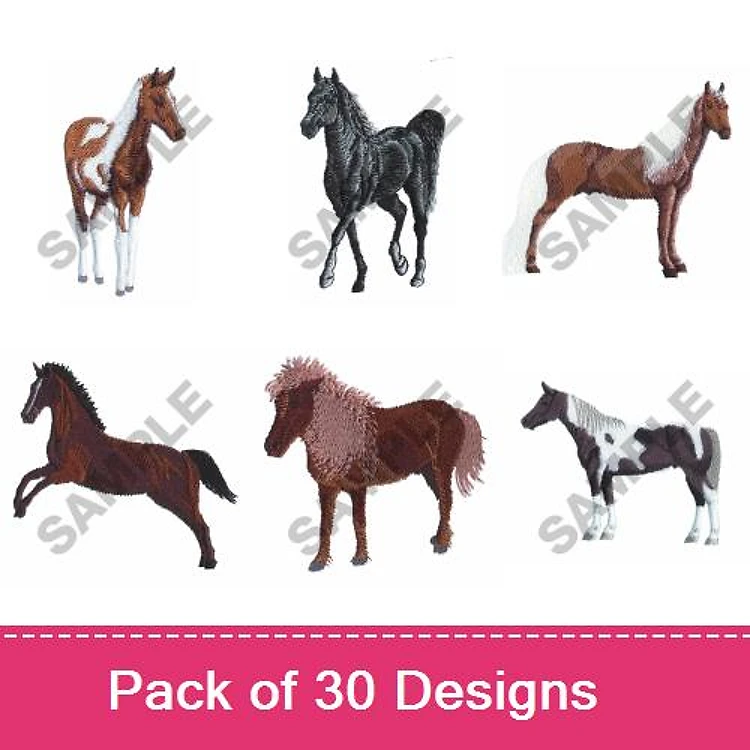 Horses Embroidery Designs Bundle – Brown Horse, Black Horse, Chestnut Horse & More (30 Designs)