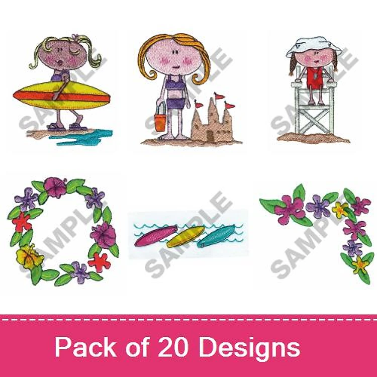Summer Beach Fun Embroidery Designs Bundle – Surfing Girl, Sandcastle Builder, Lifeguard & More (20 Designs)