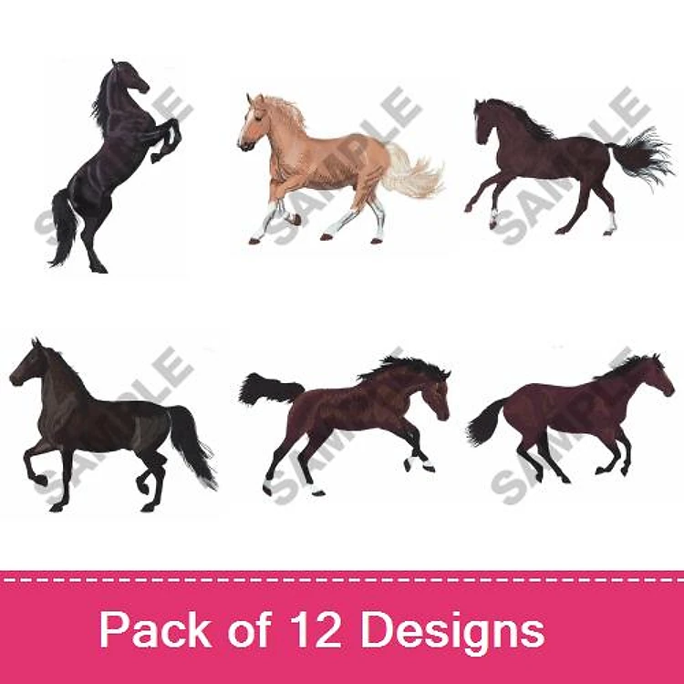 Horses Embroidery Designs Bundle – Rearing Horse, Sandy Palomino Horse, Galloping Horse & More (12 Designs)