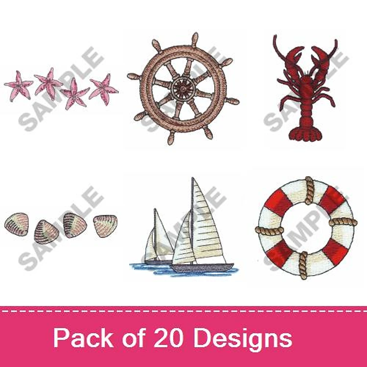 Nautical & Sea Life Embroidery Designs Bundle – Starfish, Ship's Wheel, Lobster, Sailboats & More (20 Designs)