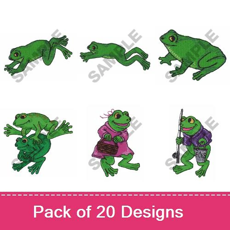 Frog Characters Embroidery Bundle – Jumping Frog, Leaping Frog, Frog Couple & More (20 Designs)