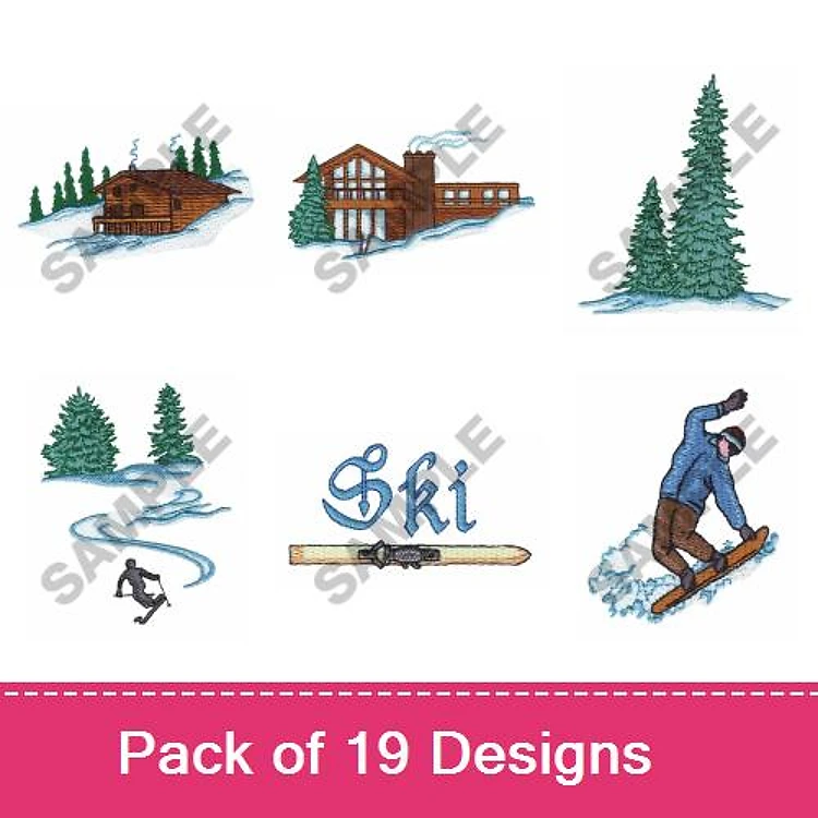 Winter Sports Embroidery Designs Bundle – Cabin in Snow, Ski Lodge, Skiing Figure, Snowboarding Figure & More (19 Designs)