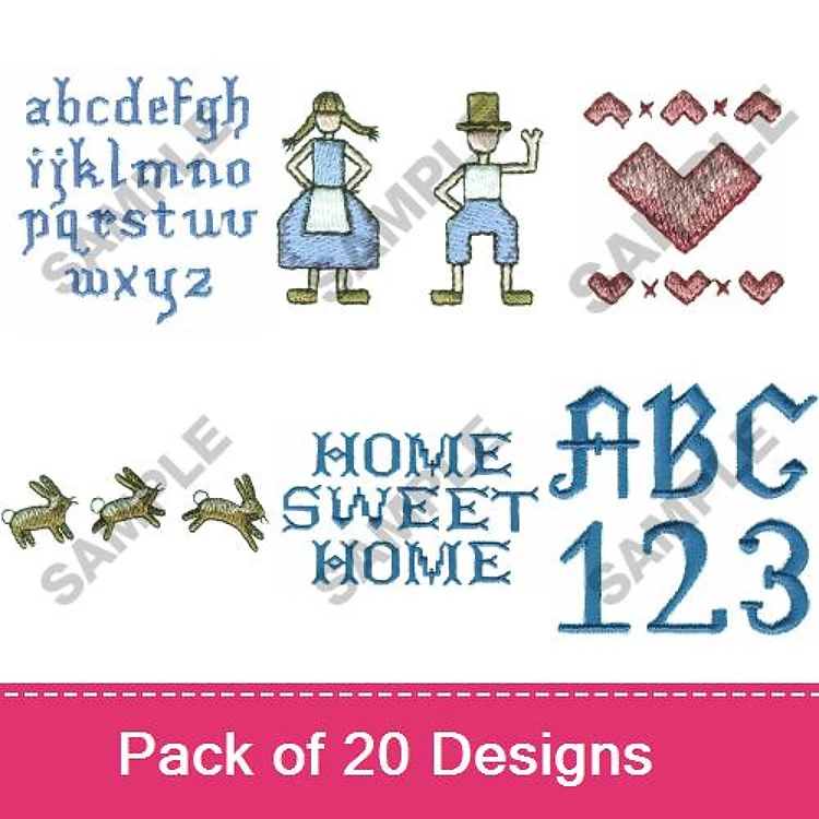 Alphabet and Home Themes Embroidery Designs Bundle – Home Sweet Home, Alphabet Letters, Boy in Blue Overalls & More (20 Designs)