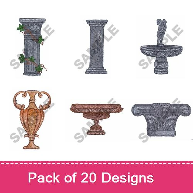 Garden Architectural Elements Embroidery Designs Bundle – Column with Ivy, Tall Column, Fountain & More (20 Designs)