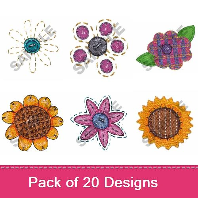 Applique Floral Embroidery Designs Bundle – Daisy, Sunflower, Purple Flower & More (20 Designs)