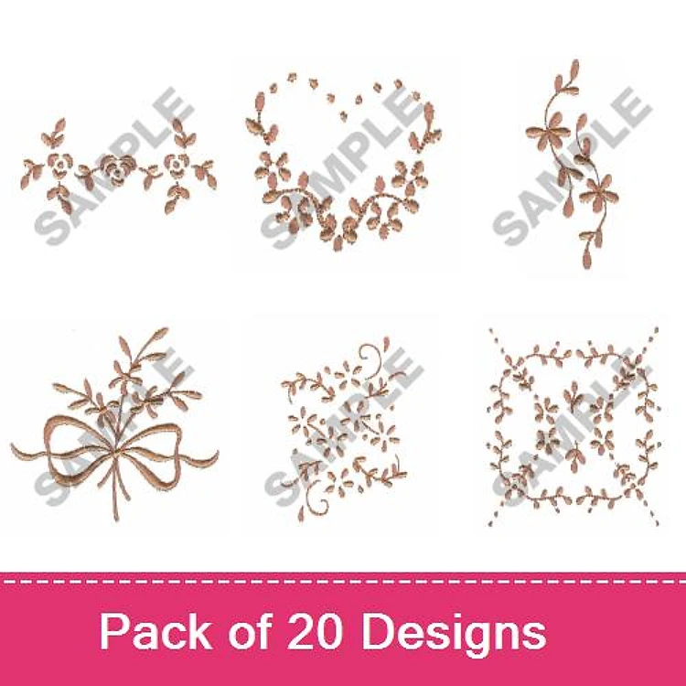 Redwork Floral Embroidery Designs Bundle – Floral Border, Heart with Flowers, Flower Vine & More (20 Designs)
