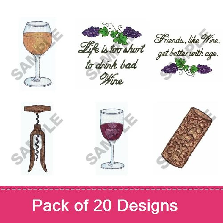 Wine-Themed Embroidery Designs Bundle – White Wine Glass, Red Wine Glass, Wine Corkscrew & More (20 Designs)