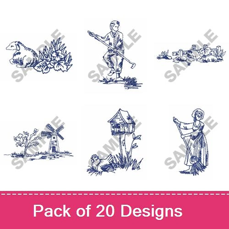 Redwork Rural Life Embroidery Designs Bundle – Gardener with Tools, Woman Hanging Laundry, Windmill & More (20 Designs)