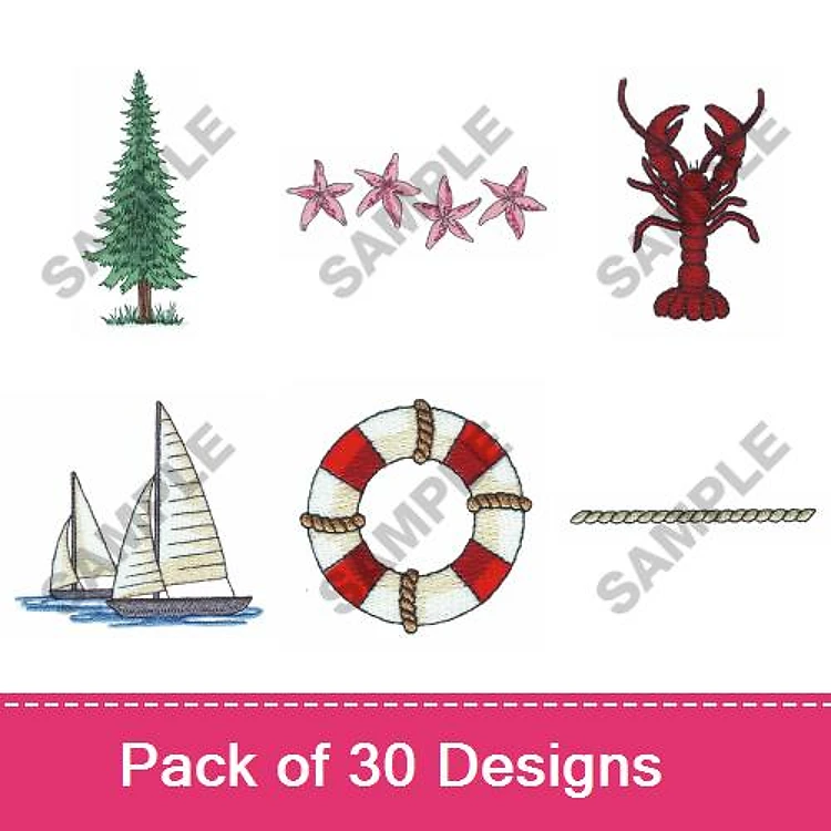 Nautical and Coastal Themes Embroidery Designs Bundle – Pine Tree, Lobster, Sailboat, Lifebuoy & More (30 Designs)