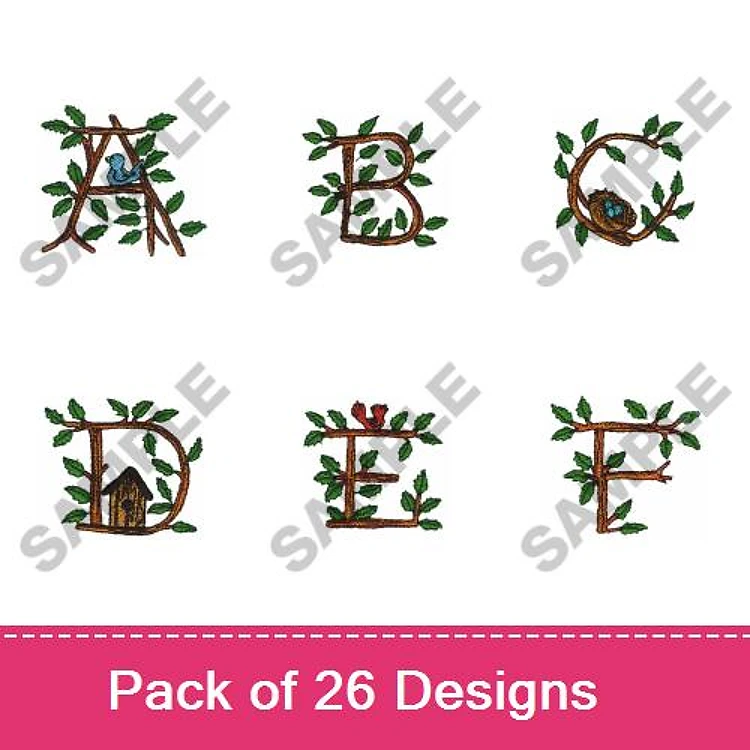 Decorative Alphabet Letters Embroidery Bundle – A with Birds and Leaves, B with Birds and Leaves, C with Birds and Leaves & More (26 Designs)