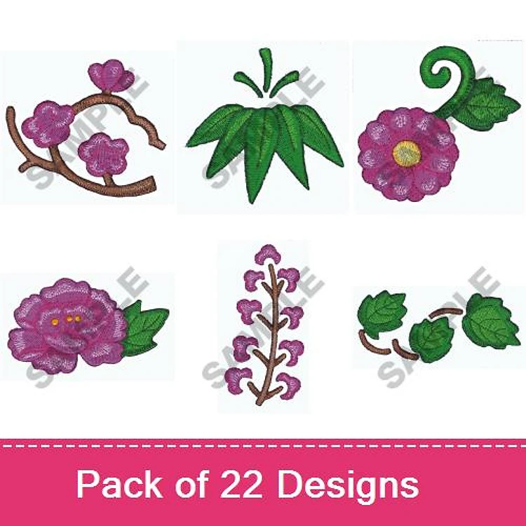 Floral Embroidery Designs Bundle – Cherry Blossom, Pink Rose, Floral Vine & More (22 Designs)