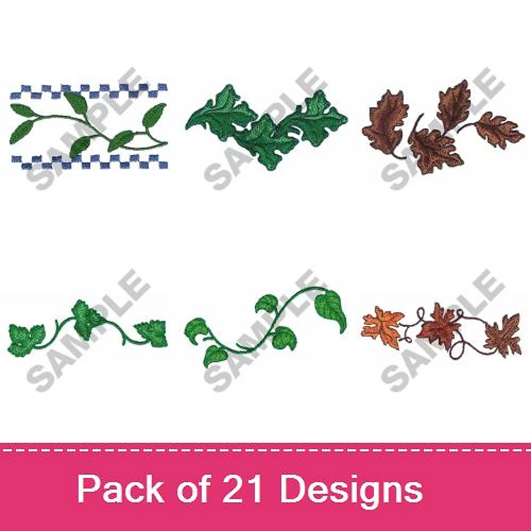 Leaf & Vine Embroidery Designs Bundle – Green Ivy Vine, Autumn Leaf Cluster, Curly Vine with Leaves & More (21 Designs)