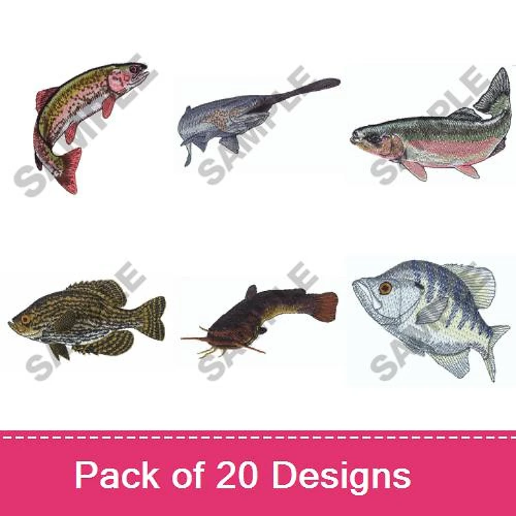 Fish Species Embroidery Designs Bundle – Rainbow Trout, Catfish, Bass & More (20 Designs)