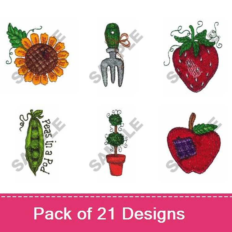 Gardening & Vegetable Embroidery Designs Bundle – Sunflower, Strawberry, Garden Fork & More (21 Designs)