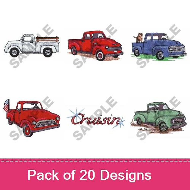 Vintage Trucks Embroidery Bundle – Red Pickup Truck, Blue Pickup Truck, Green Classic Truck & More (20 Designs)