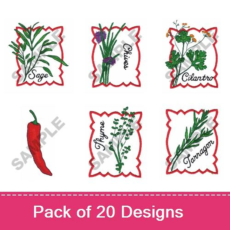 Herb Labels Embroidery Designs Bundle – Sage, Oregano, Cilantro, & More (20 Designs)