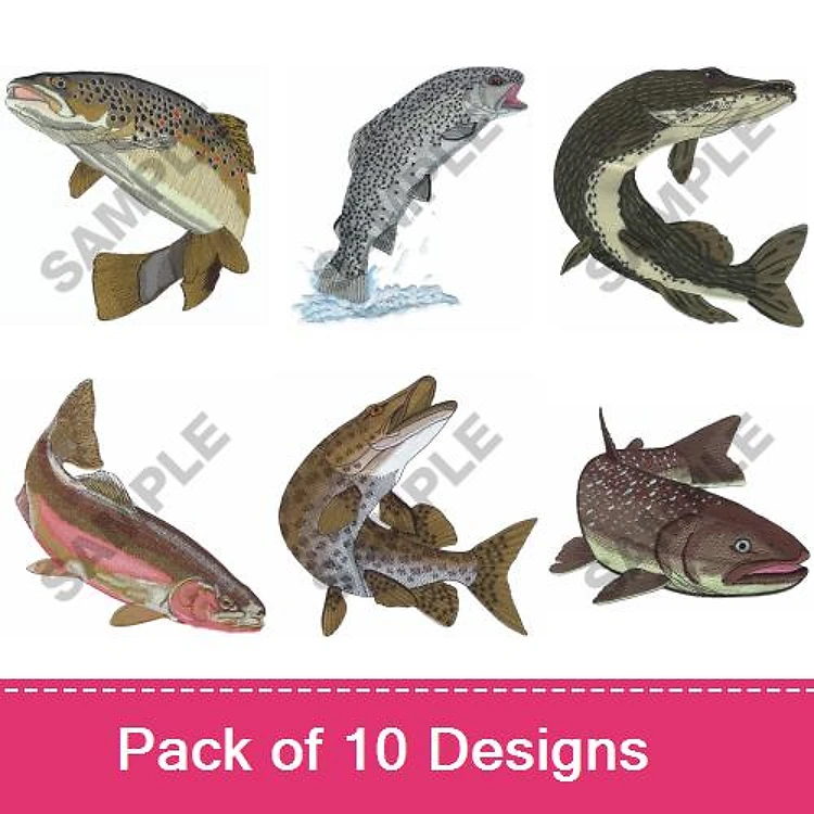 Standard Fish Embroidery Designs Bundle – Brown Trout, Lake Trout, Pike & More (10 Designs)