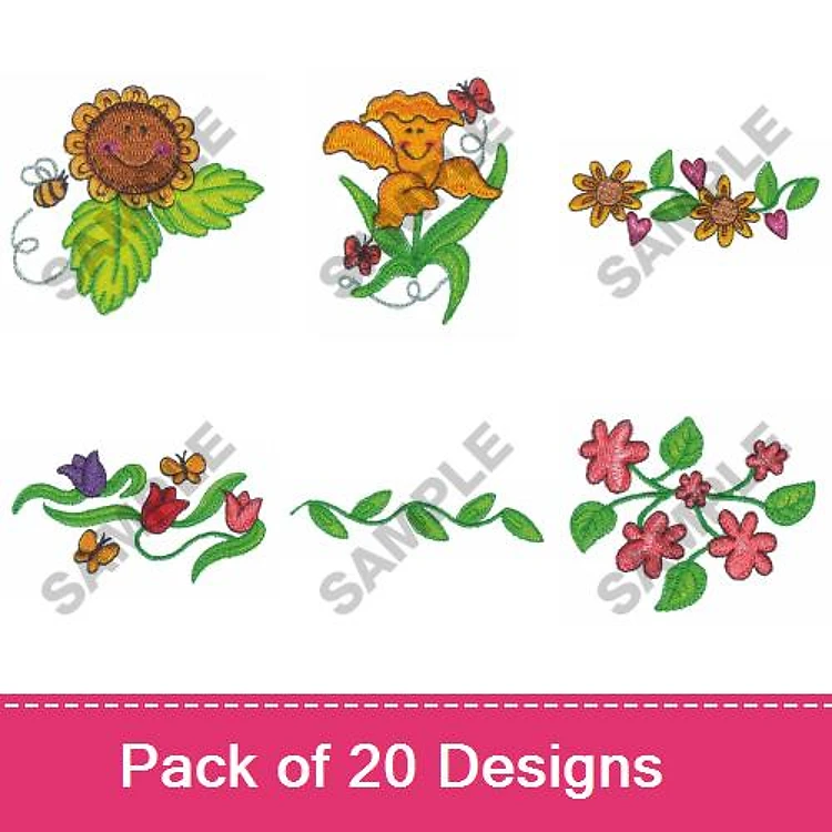 Floral Characters Embroidery Designs Bundle – Smiling Sunflower, Happy Flower with Butterflies & More (20 Designs)