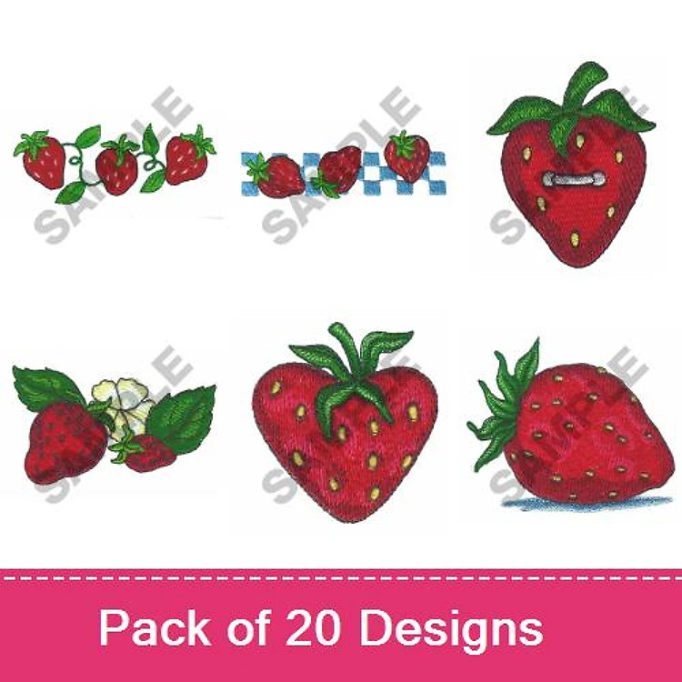 Strawberry Embroidery Designs Bundle – Strawberry Bouquet, Strawberry on Gingham, Strawberry with Button & More (20 Designs)